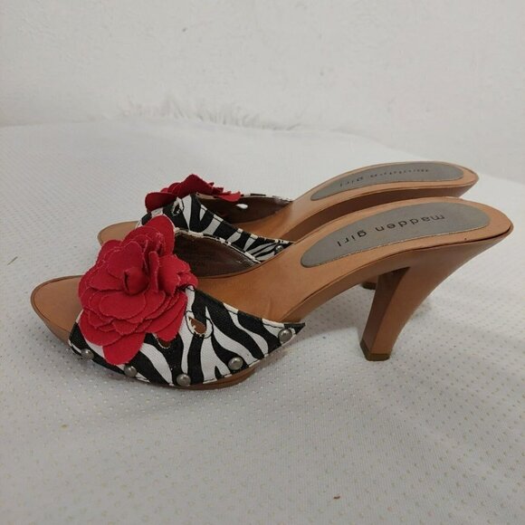 Madden Girl Kizzez Zebra Print Red Flower Fabric Canvas Sandals Heels Size 7 - Picture 2 of 8